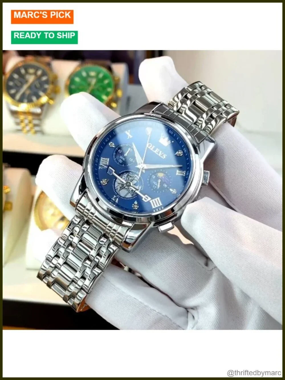 Stainless Steel Chronograph Watch with Roman Numerals, Luminous, Water